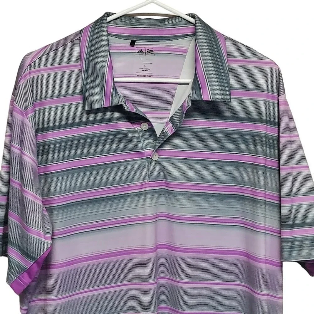 Adidas Polo Shirt Mens Large Purple & Gray Stripe Golf Climacool